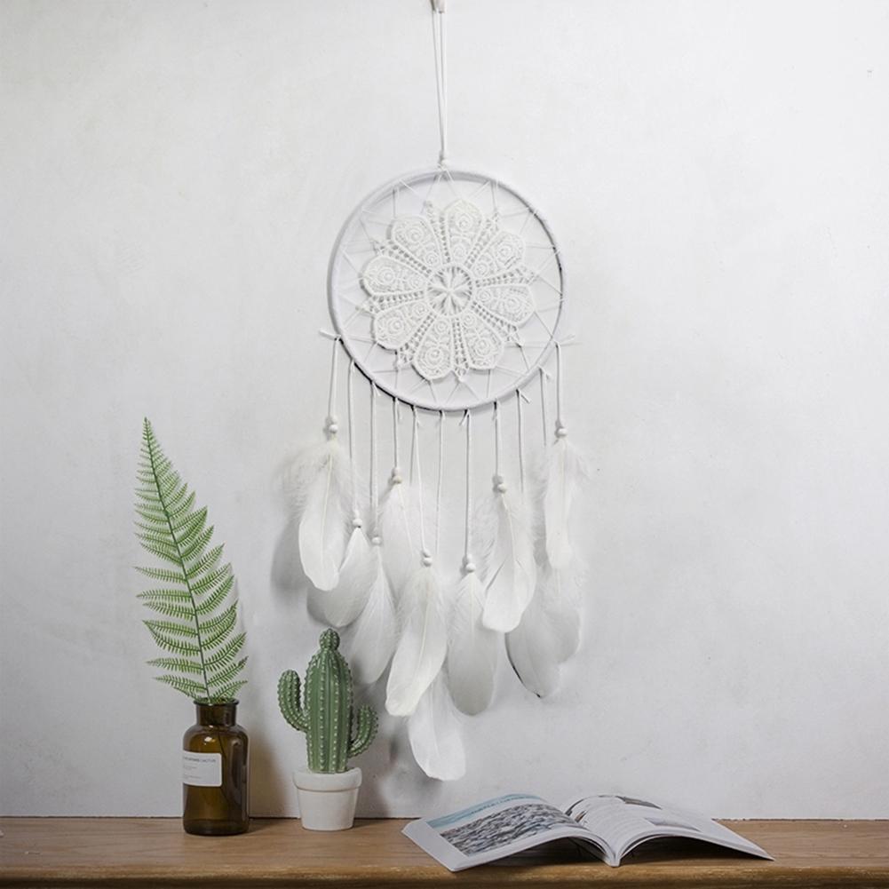 Dream Catcher White Feather Wind Chimes Wall Hanging Handmade Beads Romantic Art Crafts for Party Home Office Hanging Decoration