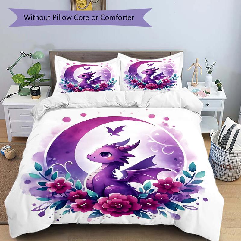 

3pcs Cartoon Purple Dragon Design Quilt Set Cartoon Themed Bed Quilt Set Lovely Character Bedroom Decor Bed Quilt 135x200cm