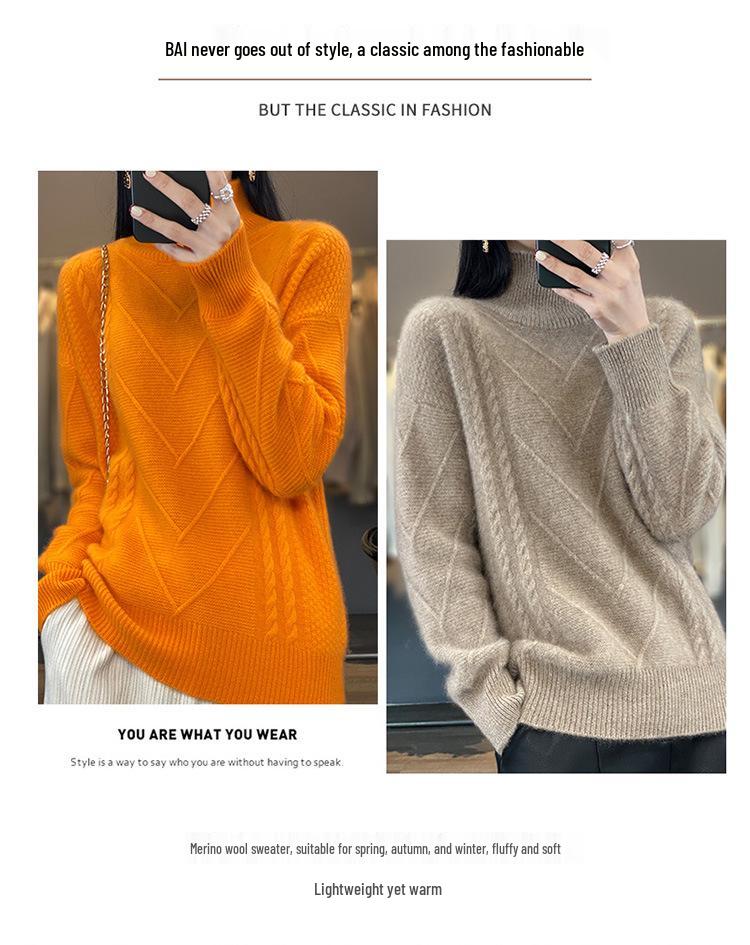 Women's 100% Wool Knitted Sweater - Autumn/Winter, Thick, Semi-High Neck, Lazy Style