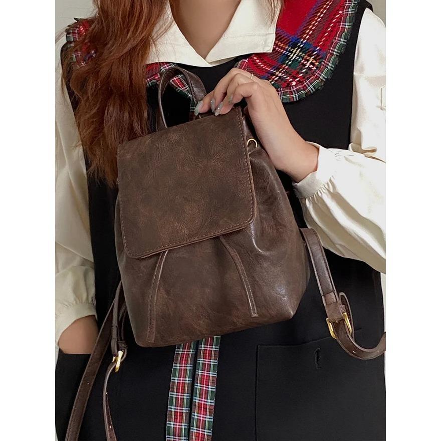Vintage Women Leather Backpack Fashion Mini Brown Knapsack Ladies Lightweight Double Shoulder Bags Female Multi-Function Handbag