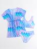 Maillot de bain 3 pièces tendance pour fille, haut imprimé, manches courtes, uni, à lacets, cache-maillot