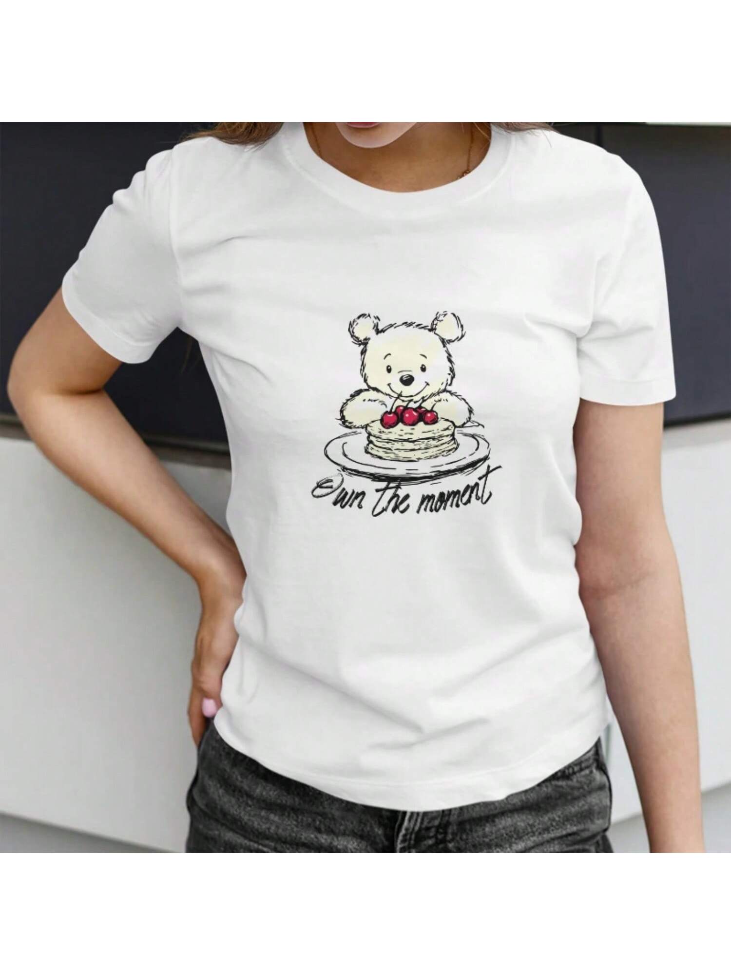 Wounisex s White T-Shirt With Cute Bear And Pancake Print Casual Summer Tee Enjoy The Mounisext Slogan Comfortable Short Sleeve Top S разноцветный