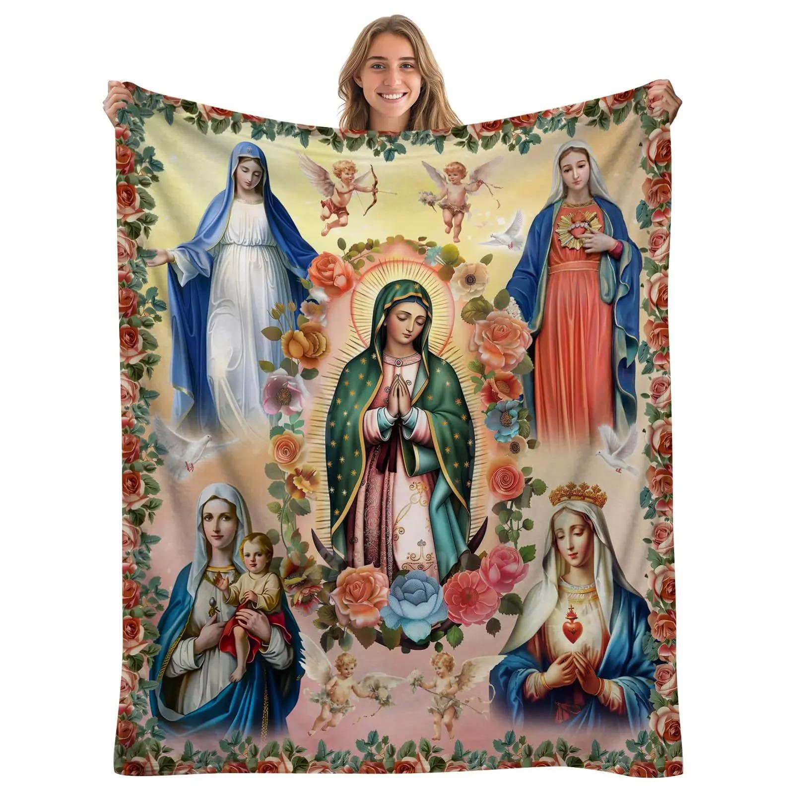 

Virgin Mary digital-printed polyester Bedroom velvet flannel soft sofa cover blanket Fleece soft sofa cover blankets for beds 70x100cm білий