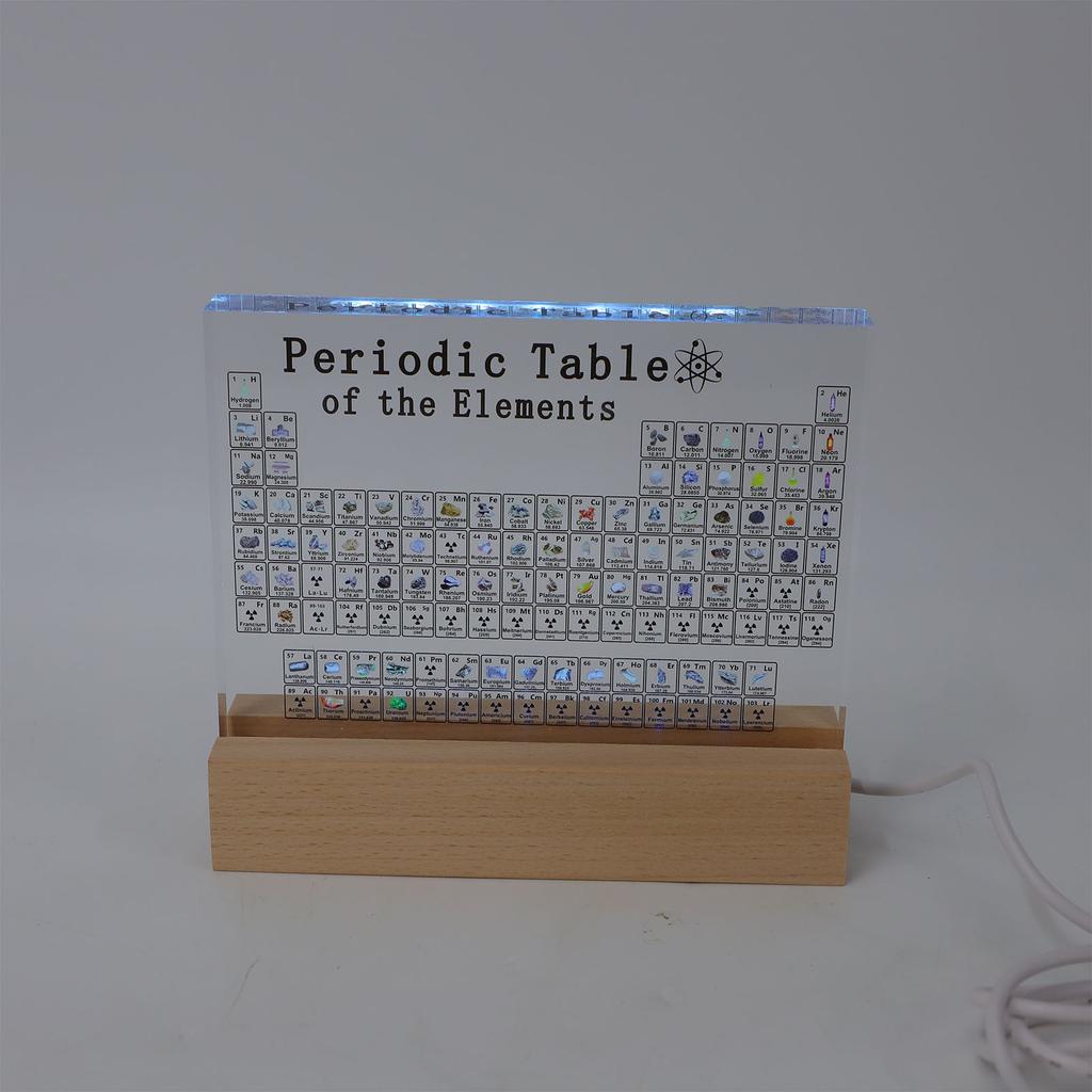 Periodic Table of Elements Clear Acrylic Plate with Wooden Base Colorful Light Chemistry Elements Decor for Students