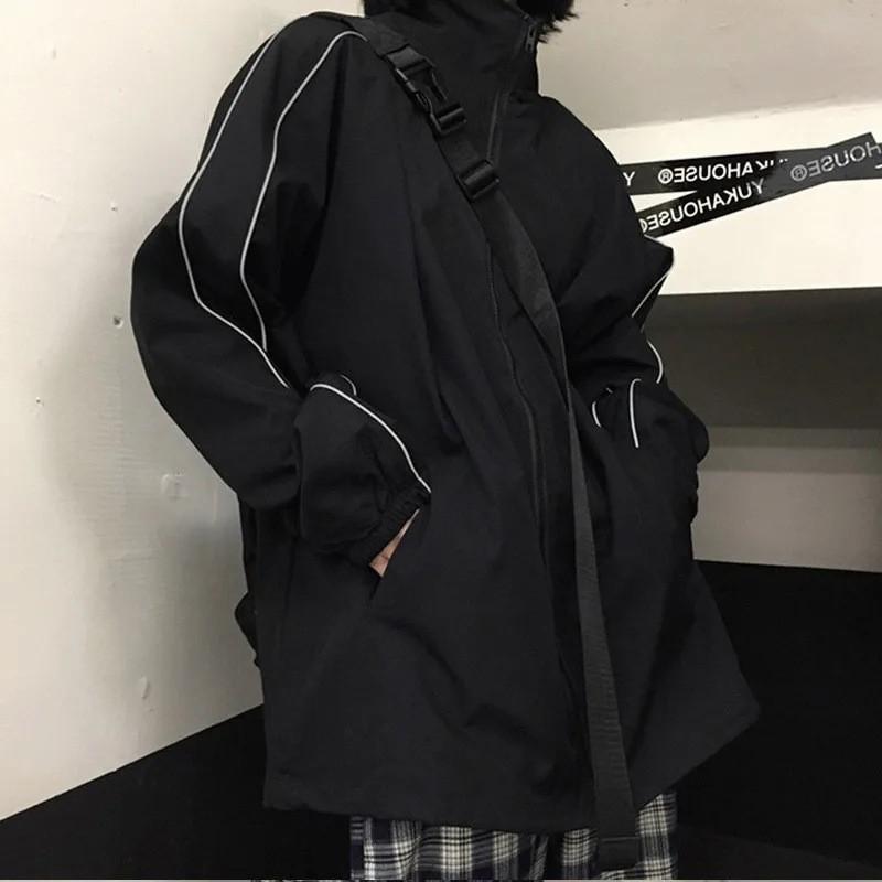 Unisex Oversized Vintage Reflective Stripe Jacket Loose Fit Korean Streetwear Baseball Coat