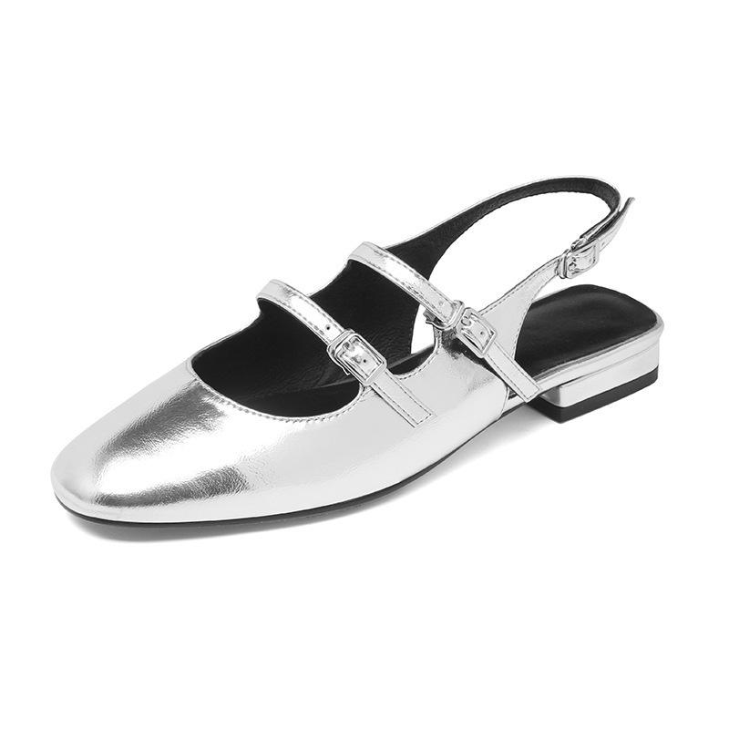 

Premium sense niche temperament double buckle with silver Mary Jane shoes flat low heel French retro bag head rear empty sandals 35 серебряный