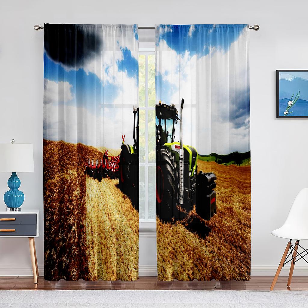 Tractor Harvests Crops Farm Theme Tulle Curtains for Living Room Bedroom Chiffon Voile Curtain Home Decoration Sheer Curtain