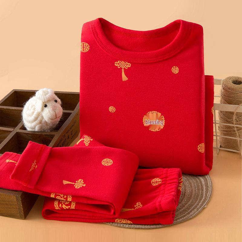 Children's Autumn/Winter Horse Year Red Long Johns Set - Pure Cotton Warm Pajamas