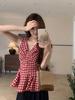 Pleated Checkered Sleeveless V-Neck Doll Shirt for Women - Petite Korean Style.