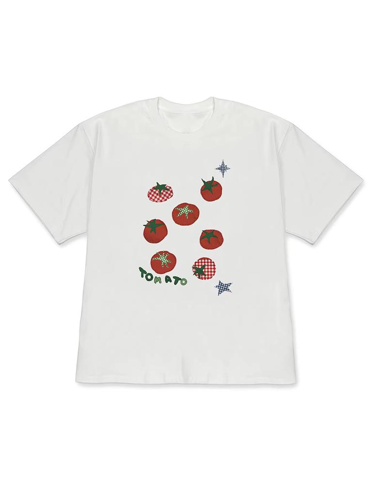 2026 Summer Bestseller Unisexs Drop Shoulder Retro Plaid Tomato Fun Printed Shortsleeve Tshirt Aesthetic Clothes