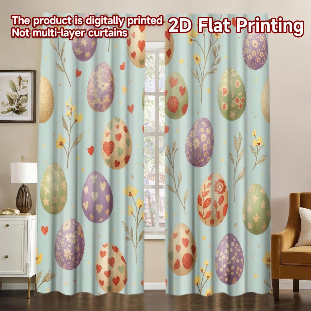 

2D flat printing 2pcs Summer Drapes Easter Bunny with Colorful Eggs(0) Versatile Fabric Without Electricity Festive Curtains 100*130 Grommet Top 1pcs