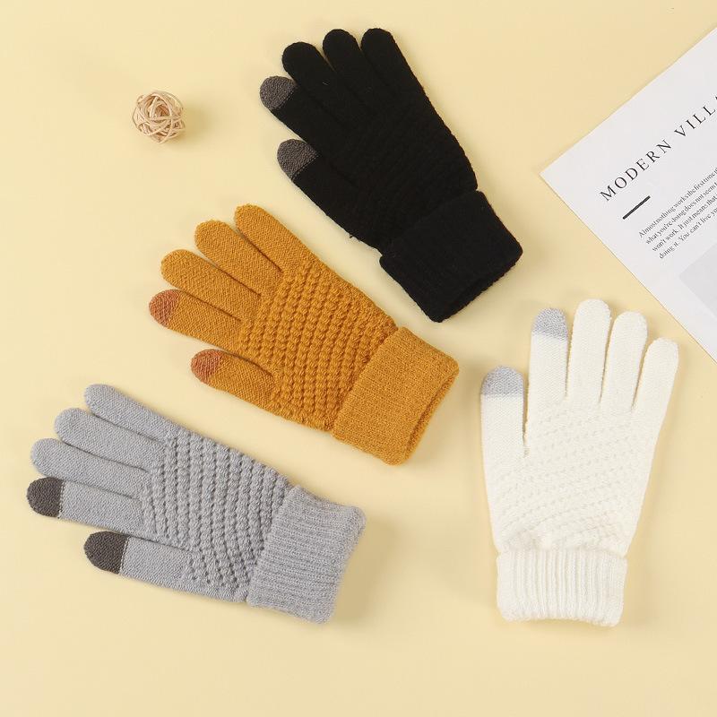 Winter Plus Velvet Simple Warm Gloves Touch Screen Cold Proof Outdoor Riding Solid Color Gloves Five Finger Wool Windproof Gloves