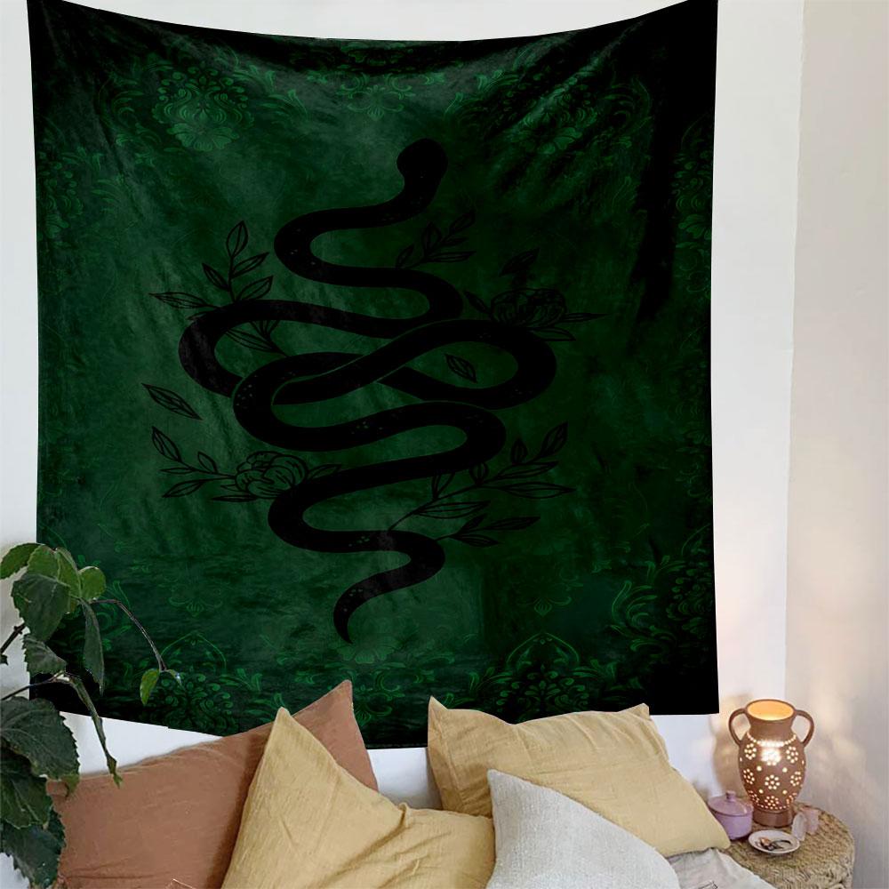 "Black Snake On Green Ornate Background" Patterned Tapestry Decorative Wall Hanging, Home Bedroom Living Room Decor