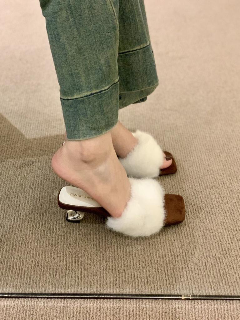 High Heels French Temperament Purple Fluffy Shoes Women's Shoes Wear 2025 New Autumn One-word Plush Cotton Slippers