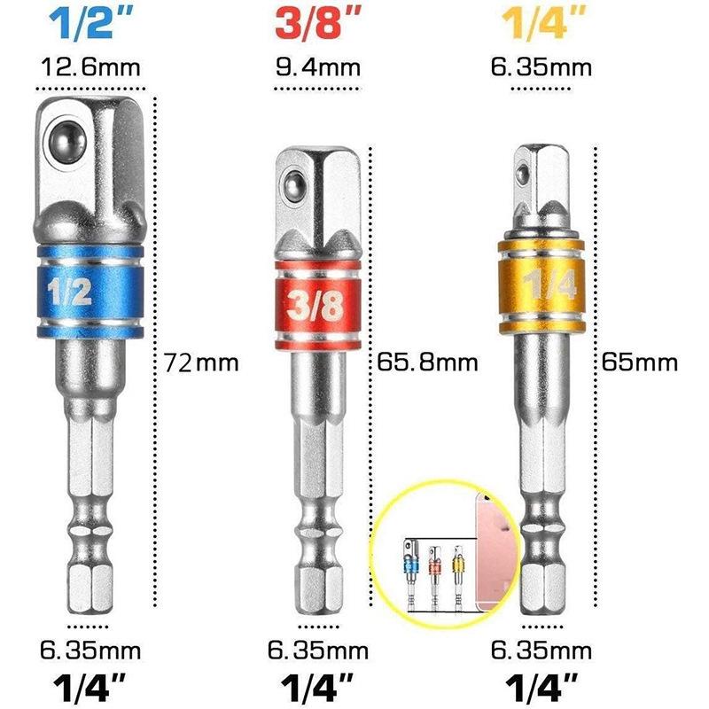 3-Piece Nickel-Plated Extension Rod Set for Drill to Wrench Conversion