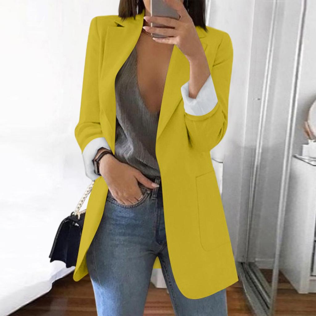 Women Solid Open Front Pockets Cardigan Formal Suit Long Sleeve Blouse Coat