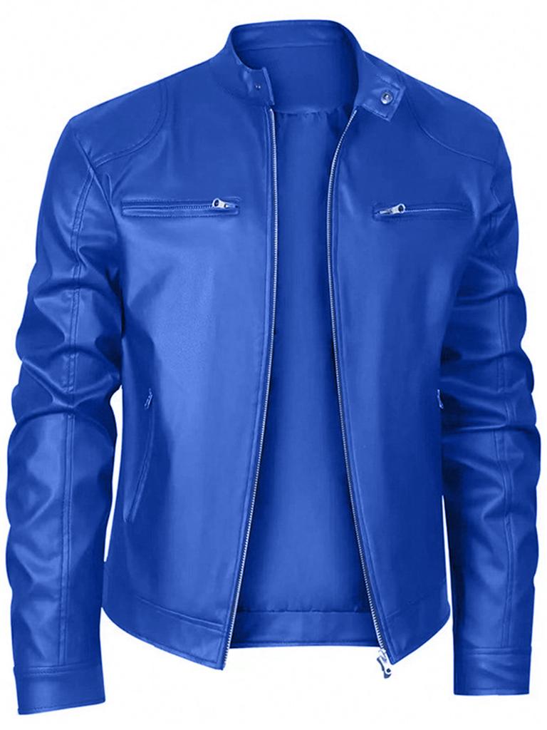 High quality men's stand-up collar European size leather jacket zipper pocket decorative leather jacket locomotive men's leather jacket