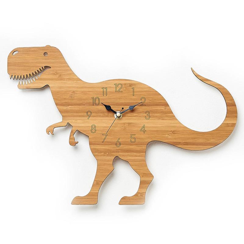 Forest Theme Bamboo Wood Cartoon Dinosaur Wall Clock Children's Room Decoration Tyrannosaurus Wood Animal Wall Clock Home Decor