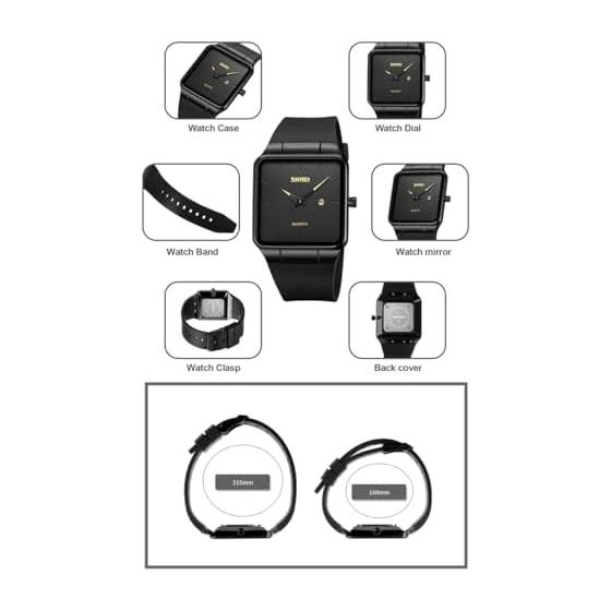 Men's Square Silent TPU Leather Strap Black Simple Thin Stylish Arm Watch Men's Waterproof Business Casual Men's Gift Black Blue Waches for Men