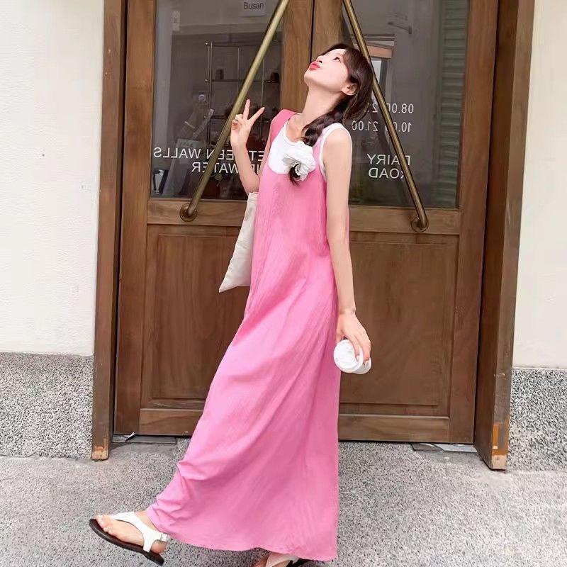 Sanya travel wear pink dopamine French sleeveless suspender long dress seaside vacation casual mopping dress