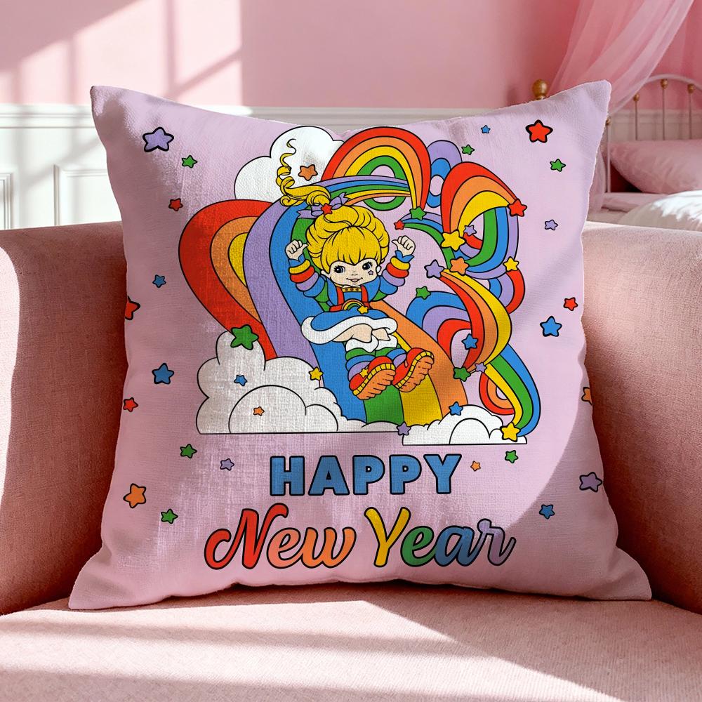 Cartoon RRainbow Brite Cushion Cover Breathable Linen Pillowcase Summer Odorless EcoFriendly Invisible Zipper Washable