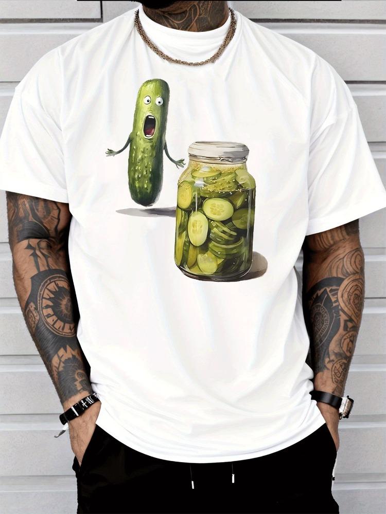 Unisex Rundhals T-Shirt Lustiges Ängstliches Gurkenglas Cartoon Print Weiche Baumwolle Essens Humor Neuheit Lässiges Tägliches Kurzarm Oberteil