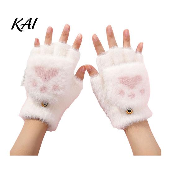 Practical Gift for Winter Furry Cat Paw Thermal Gloves, Flip Top Mitten with Button Women, Half Finger Writing Gloves Students Plush Cute Bear