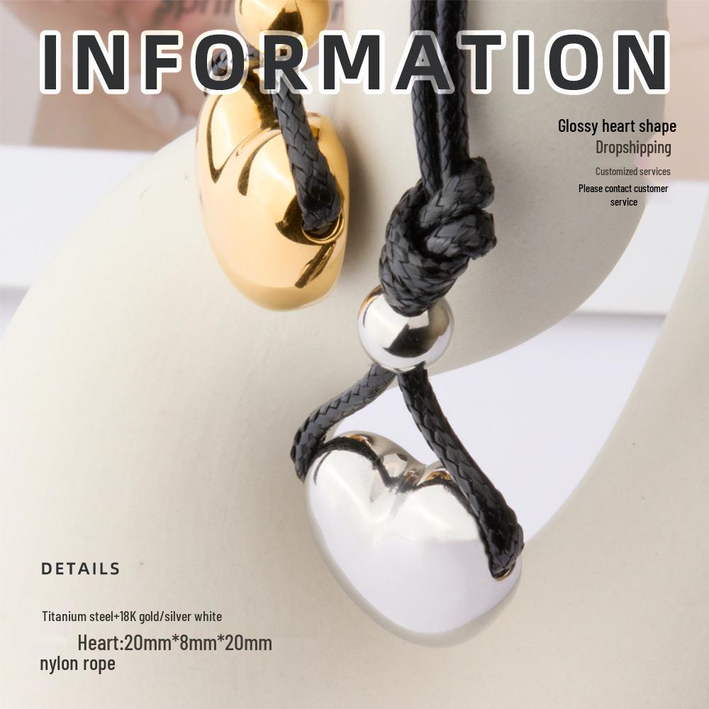 Glossy Heart Necklace with Black Wax Cord, Adjustable 18K Gold-Plated Titanium Steel for Women