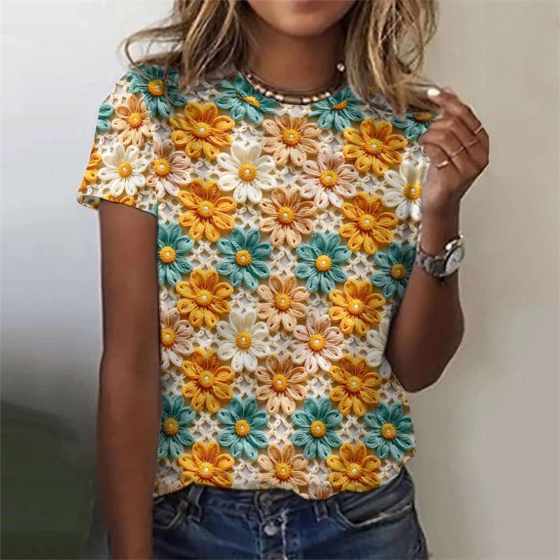 Camiseta feminina com estampa de flores e folhas em 3D, manga curta, estampa de plantas, gola redonda, casual, verão, camisetas femininas, camisetas grandes