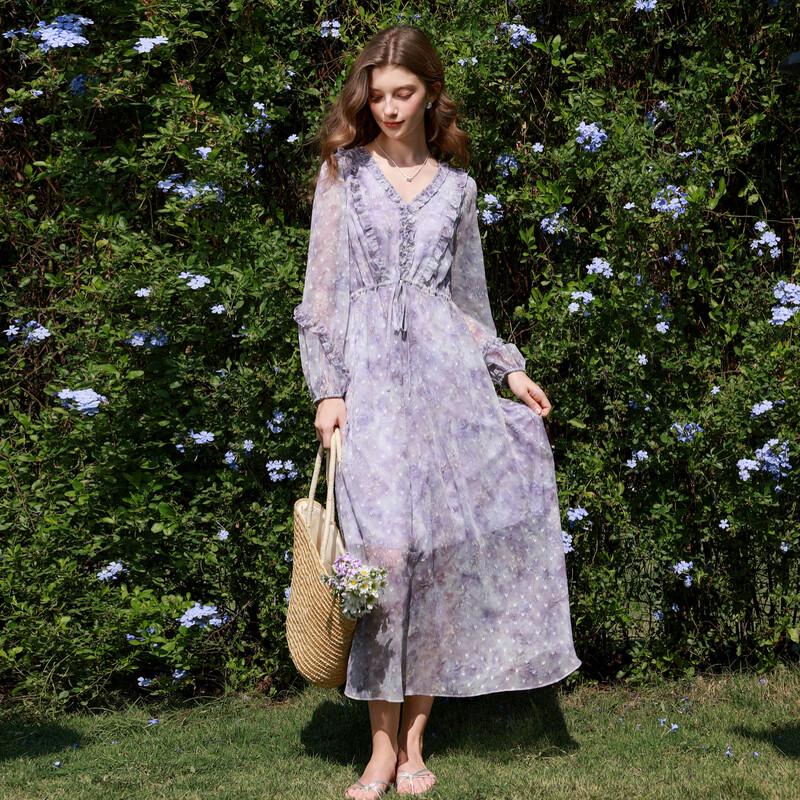 Women's Ruffle V-Neck Floral A-Line Long Dress