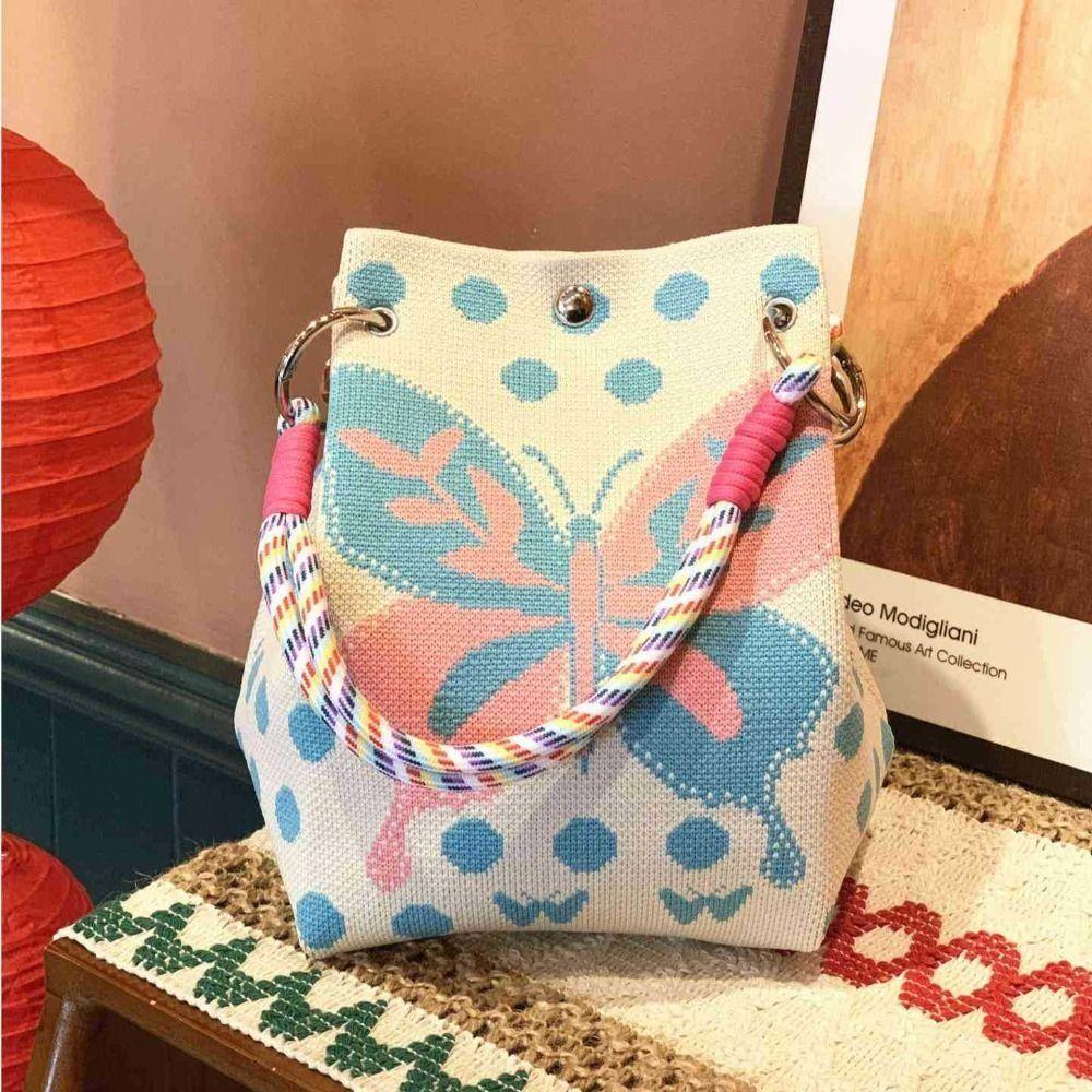 Cute Cartoon Knitted Bucket Bag Handmade Large Capacity Wrist Bag Woven Ring Buckle Shoulder Bag for Women Girls