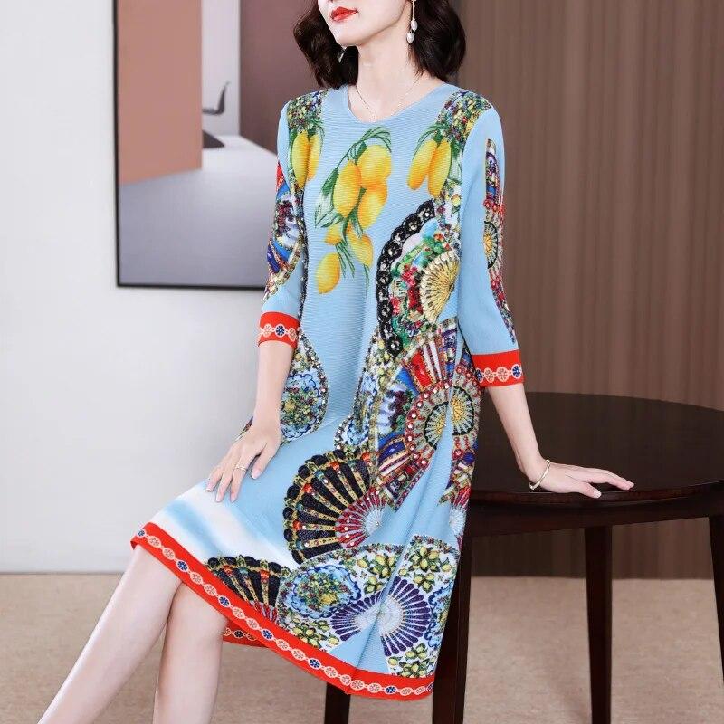 

Плиссированное синее платье с круглым вырезом и рукавами три четверти, новинка весны и лета, высококачественный принт, обтягивающая и свободная юбка. XXXL синий