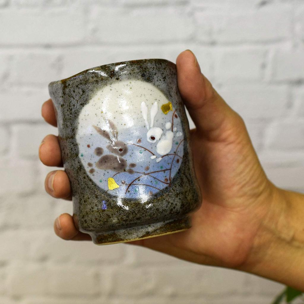 Waza No Kura Pair of Stylish Kutani Ware Teacups, Moon Rabbit Design, Ceramic, Brand Name, Japanese Tableware