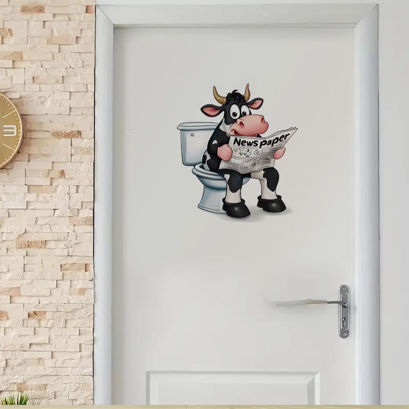 3D Funny Cow Reading Newspaper On Toilet Wall Sticker Self-Adhesive Waterproof Removable Bathroom Home Decor Art