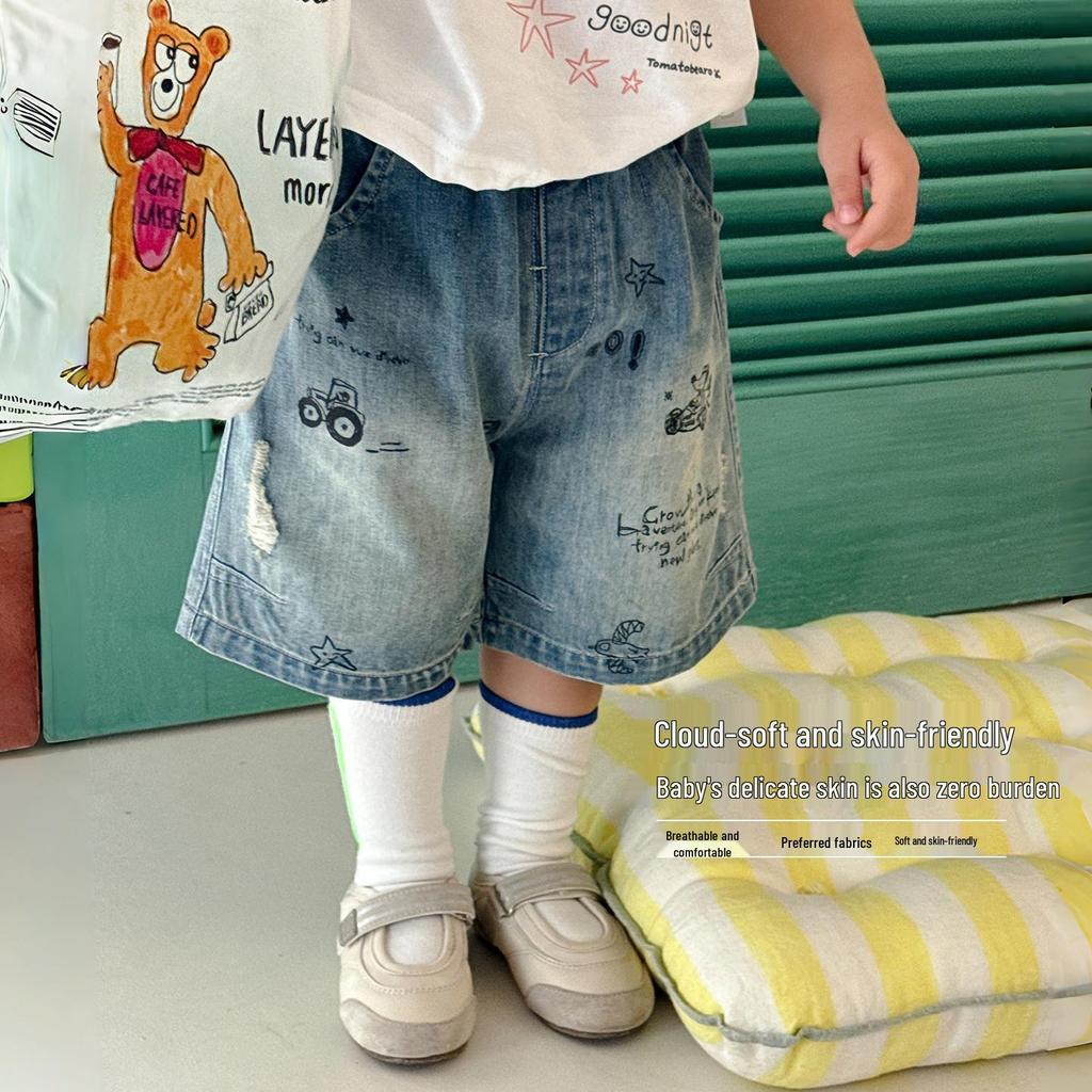 Children's Cartoon Denim Shorts - Summer Five-Point Pants, Large & Small Sizes for Boys & Girls