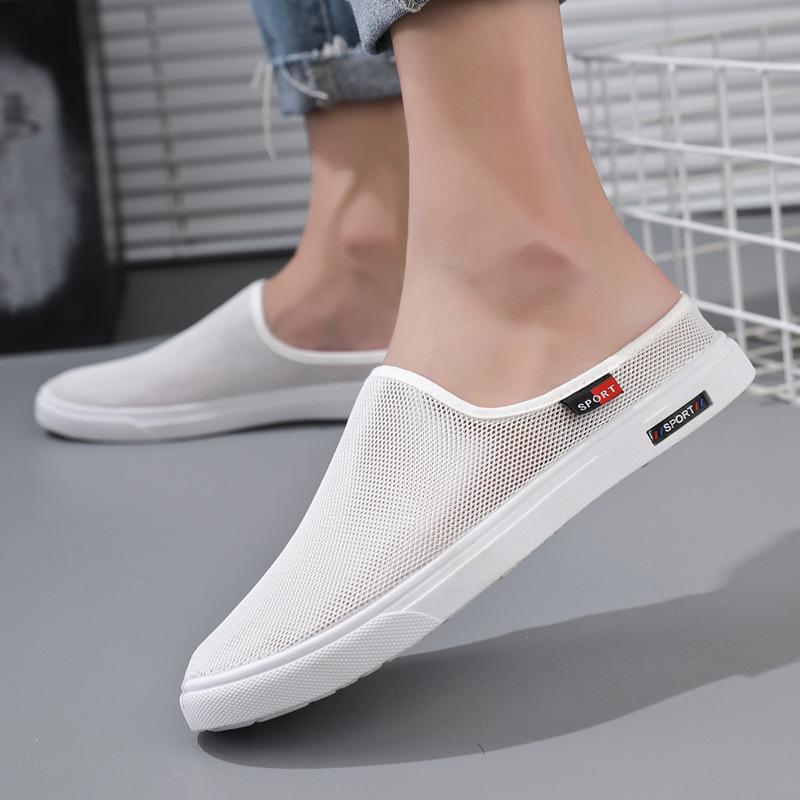

2025 летняя новая мужская обувь дышащая сетчатая обувь модная обувь для скейтбординга мужская повседневная обувь с одной педалью полутапочки мужские 39 белый