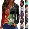 Women's Fashion Casual Slit Hem Round Neck Long Sleeve Loose Christmas Printed T-Shirt Ladies Top