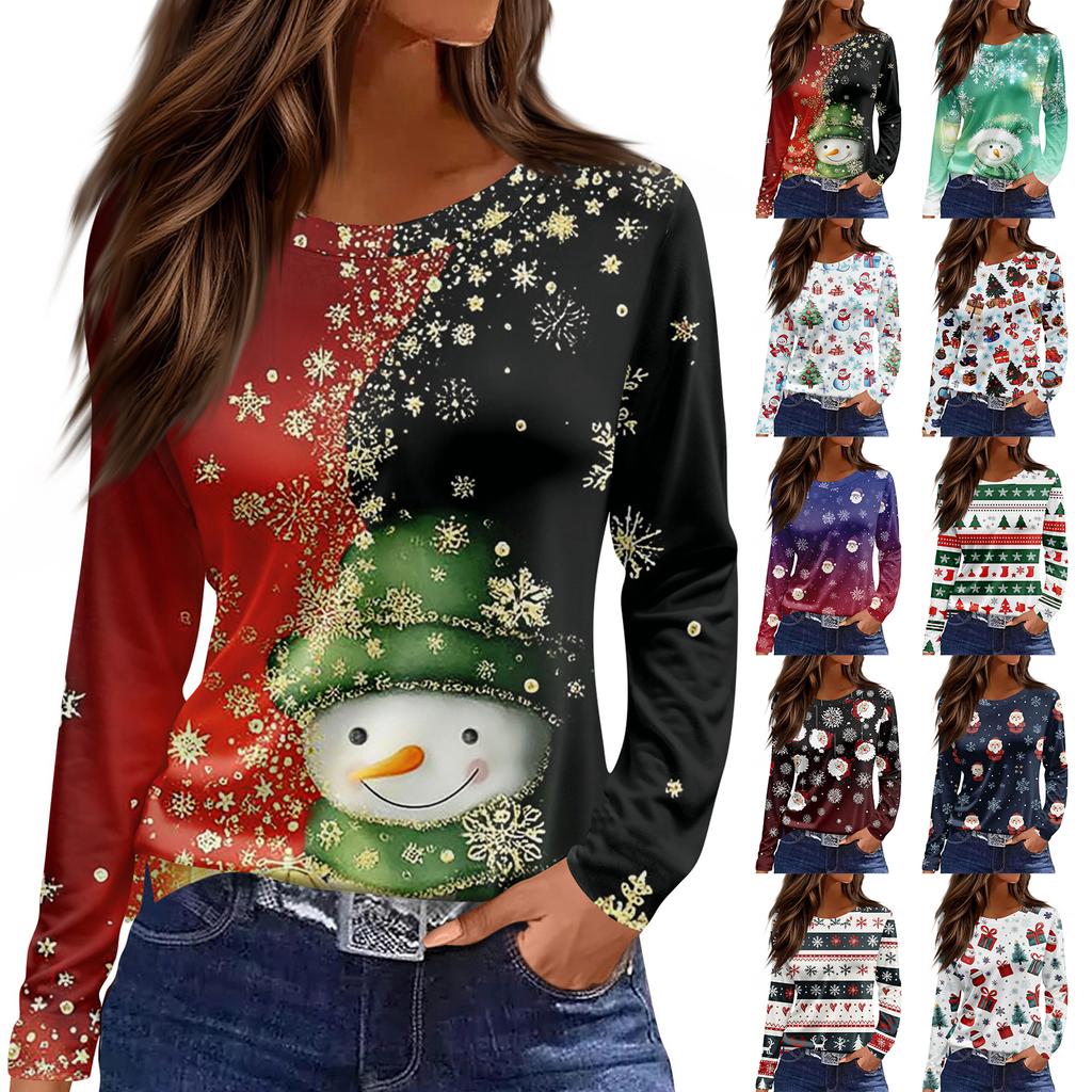 Women's Fashion Casual Slit Hem Round Neck Long Sleeve Loose Christmas Printed T-Shirt Ladies Top