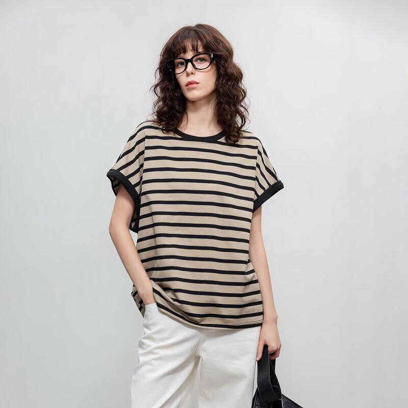 Women s Striped Drop Shoulder T-Shirt with Cloud Cotton Blend L
