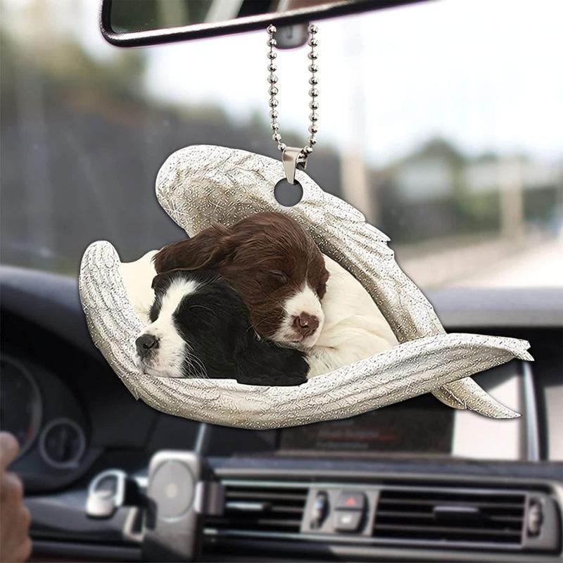 Creative Sleeping Angel Wing Puppy Memorial 2D Flat Car Rear View Mirror Accessories Ornament Decoration Hanging Charm Pendant