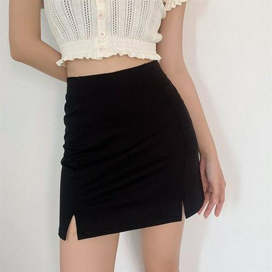 

Solid Black Double Slit Midi Skirt: 2022 Korean Style, Slim High Waist A-line Bodycon Skirt Extra Large чёрный