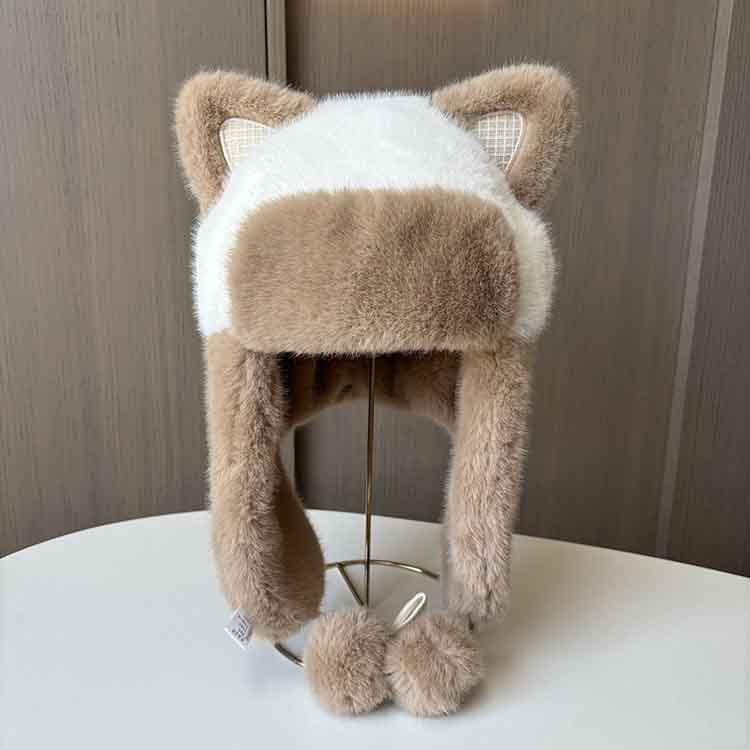 New cat ears plush Lei Feng hat women's cycling windproof warm ear protection hat plush thickened hanging ball small hat