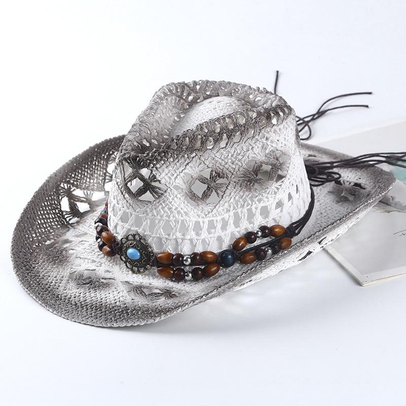Summer hollow straw hat gradual change beaded jazz cowboy hat outdoor sun hat