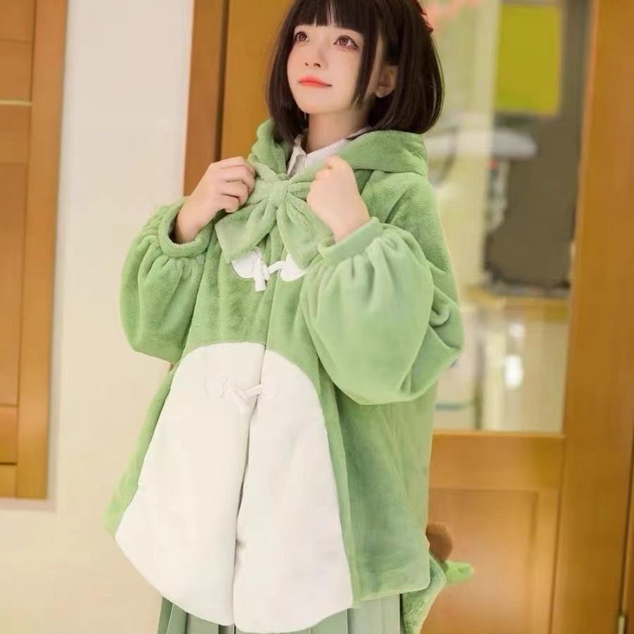 Милий плюшевий плащ-накидка з капюшоном у вигляді динозавра в стилі Лоліта - Затишне оксамитове м'яке пальто для дівчинки на осінньо-зимовий сезон.