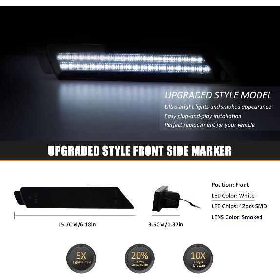 D-Lumina LED Seitenmarkierungsleuchten Rauchglas für Chevy Camaro 2010 2011 2012 2013 2014 2015, 5. Generation Camaro Front-Heckstoßstange LED Seitenmarkierer Weiß,