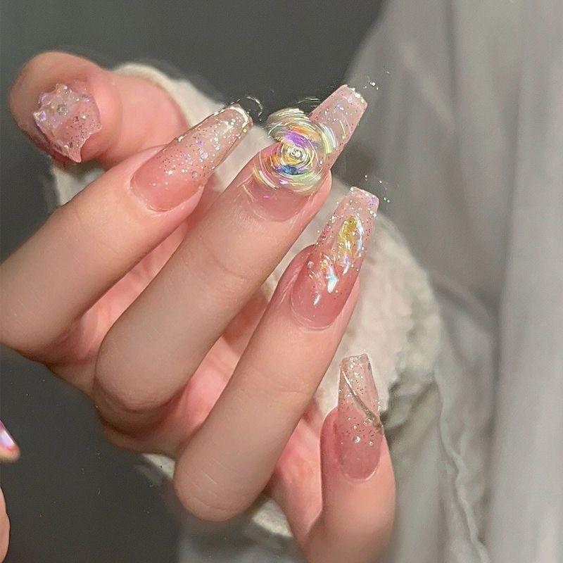 100% Handmade Long Trapezoid Fake Nails Art Aurora Rotating Butterfly Popular Nails Reusable Fake Nails