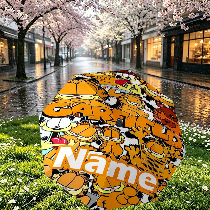 Personalisierter Garfield-Druckschirm mit individuellem Namen, Automatisches Öffnen und Schließen, Stabiler 8-Rippen-Rahmen, Für Pendeln, Camping, Wandern, Geburtstagsgeschenk