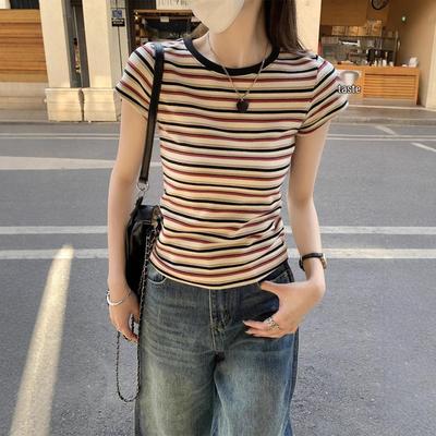Damen Retro Colorblock Gestreiftes Kurzarm-T-Shirt - Sommer 2026 Slim Fit Trendiges Top