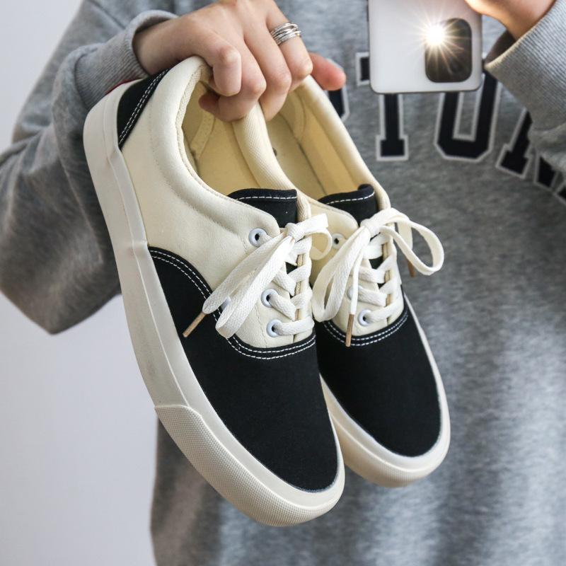 

Men s Autumn Low-Top Color Block Lace-Up Canvas Sneakers - Casual Trendy Style for Couples EU 36 чорний/бежевий