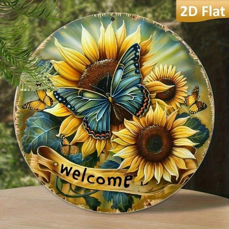 Metal Wall Art Butterfly Sunflower Vintage Round Sign for Porch